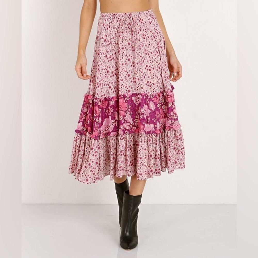 Spell & The Gypsy Winona Ruffled Full Midi Skirt in Pink Berry size Small